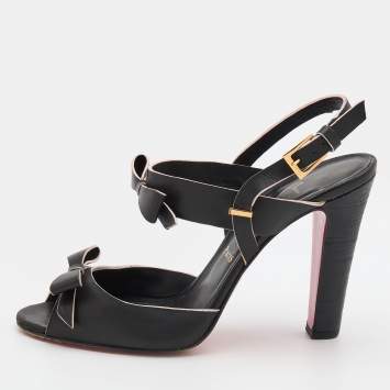 Pre Owned Christian Louboutin Black Leather Bow Open Toe Ankle Strap Sandals Size 40