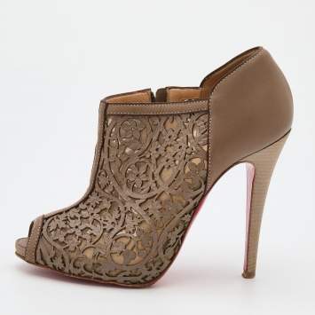 Pre Owned Christian Louboutin Grey Laser-Cut Leather Pampas Booties Size 36.5