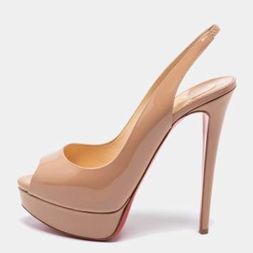 Pre Owned Christian Louboutin Beige Patent Leather Lady Peep Platform Slingback Sandals Size 38.5