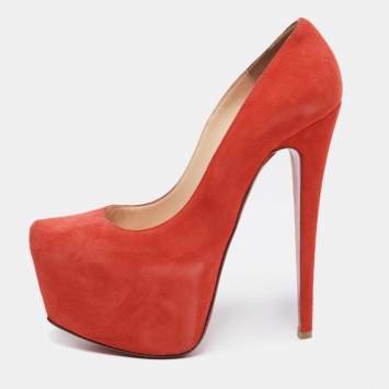 Pre Owned Christian Louboutin Coral Red Suede Daffodile Platform Pumps Size 36