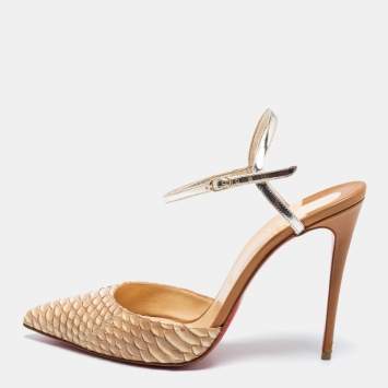 Pre Owned Christian Louboutin Beige/Silver Python Leather Pointed Toe Ankle Strap Sandals Size 39