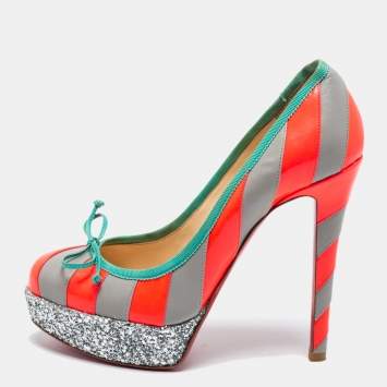Pre Owned Christian Louboutin Grey/Neon Pink Striped Leather Foraine Glitter Platform Pumps Size 35.5