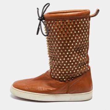 Pre Owned Christian Louboutin Brown Spiked Leather Surlapony Mid Calf Boots Size 38.5