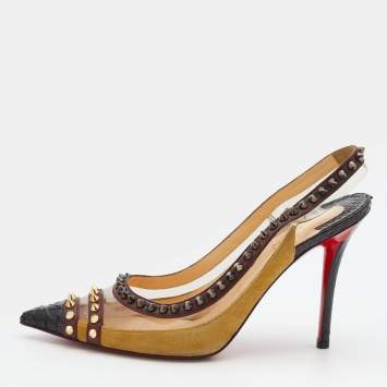 Pre Owned Christian Louboutin Multicolor Leather And PVC Studded Pointed Toe Slingback Sandals Size 39.5