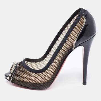 Pre Owned Christian Louboutin Black Mesh And Patent Leather Spiked Shawnita Peep Toe Pumps Size 38.5