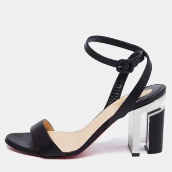 Pre Owned Christian Louboutin Black Leather Tournikouna Plexi-Heel Ankle Strap Sandals Size 40