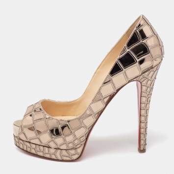 Pre Owned Christian Louboutin Gold Patent Leather Mirrored Very Galaxy Art Deco Peep Toe Platform Pumps Size 39