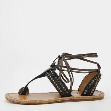 Pre Owned Christian Louboutin Black Leather and Nylon Hola Chica Toe Ring Sandals Size 39