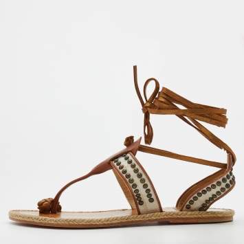 Pre Owned Christian Louboutin Brown/Beige Leather and Canvas Hola Chica Toe Ring Sandals Size 39