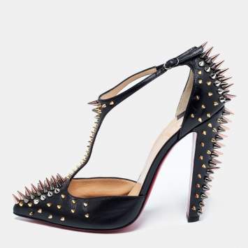 Pre Owned Christian Louboutin Black Leather Goldostrap Spiked Pumps Size 39.5