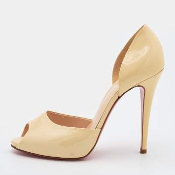 Pre Owned Christian Louboutin Pale Yellow Patent Leather Madame Claude 120 Peep-Toe Pumps Size 39.5
