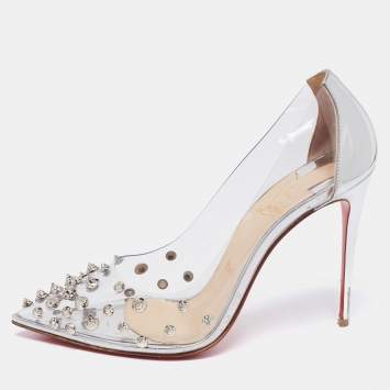 Pre Owned Christian Louboutin Silver PVC And Patent Leather Collaclou Pumps Size 38.5