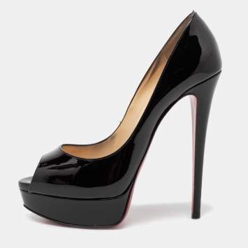 Pre Owned Christian Louboutin Black Patent Leather Lady Peep-Toe Platform Pumps Size 39.5