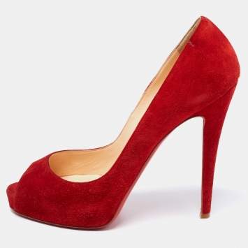Pre Owned Christian Louboutin Red Suede New Very Prive Peep Toe Platform Pumps Size 41