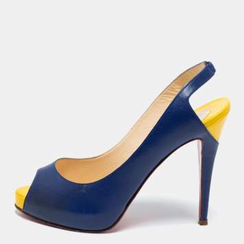 Pre Owned Christian Louboutin Blue/Yellow Leather No Prive Peep-Toe Slingback Sandals Size 41