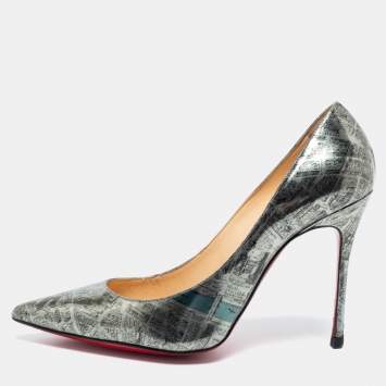 Pre Owned Christian Louboutin Metallic Monochrome Paris Map Print Patent Leather Decollete Pumps Size 36.5