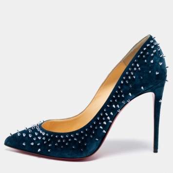 Pre Owned Christian Louboutin Navy Blue Suede Escarpic Spiked Pumps Size 41