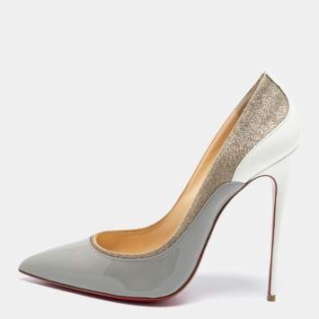 Pre Owned Christian Louboutin Grey Glitter And Patent Leather Tucsick Pumps Size 41