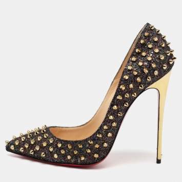 Pre Owned Christian Louboutin Black Glitter Fabric Follies Spikes Pumps Size 41