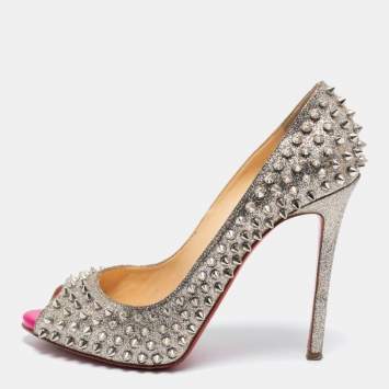 Pre Owned Christian Louboutin Silver Glitter Spike Embellished Flo Peep Toe Pumps Size 40.5