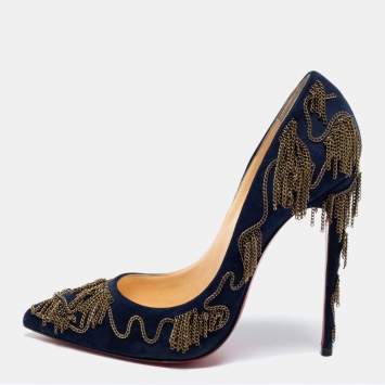 Pre Owned Christian Louboutin Blue Suede Doly Party Chain Embellished Pointed Toe Pumps Size 41
