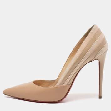 Pre Owned Christian Louboutin Beige Leather And Suede Pointed Toe Pumps Size 38