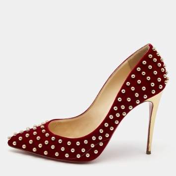 Pre Owned Christian Louboutin Red Velvet Studded Billy Pumps Size 40