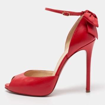 Pre Owned Christian Louboutin Red Leather Dos Noeud D'orsay Ankle Strap Pumps Size 41