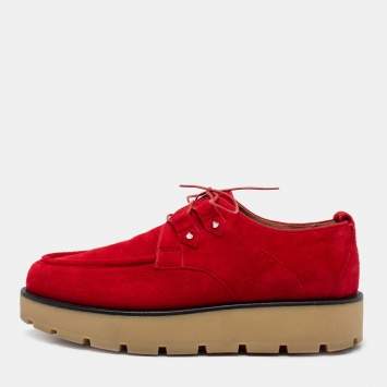 Pre Owned Christian Louboutin Red Suede Lace-Up Derby Platform Sneakers Size 39.5