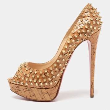 Pre Owned Christian Louboutin Beige Cork Lady Peep Toe Spike Platform Pumps Size 41