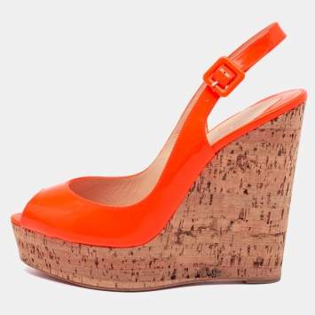 Pre Owned Christian Louboutin Neon Orange Leather Une Plume Cork Wedge Platform Peep Toe Slingback Sandals Size 41