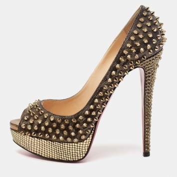Pre Owned Christian Louboutin Metallic Grey/Gold Lurex Fabric Lady Peep-Toe Spikes Platform Pumps Size 41