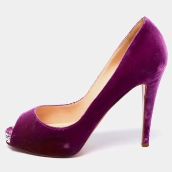 Pre Owned Christian Louboutin Magenta Velvet Very Prive Crystal Peep-Toe Pumps Size 40.5