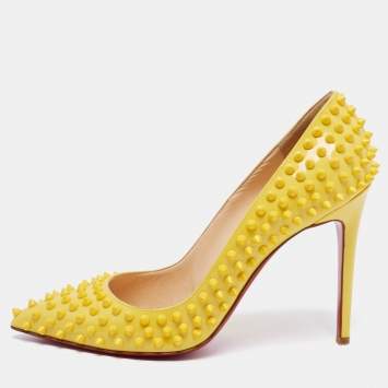 Pre Owned Christian Louboutin Yellow Patent Leather Pigalle Spikes Pumps Size 41