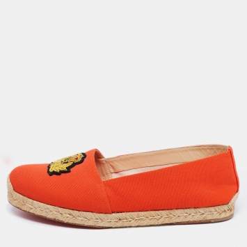 Pre Owned Christian Louboutin Orange Canvas Gala Embroidered Crest Espadrille Loafers Size 40