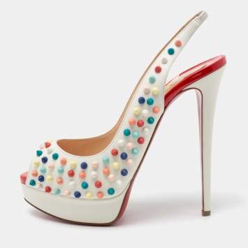 Pre Owned Christian Louboutin White Leather Lady Peep Spikes Slingback Sandals Size 41