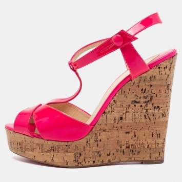 Pre Owned Christian Louboutin Pink Patent Leather Marina Cork Wedge Platform Sandals Size 41