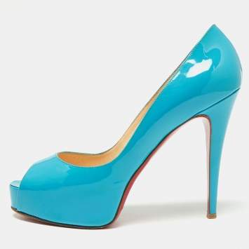 Pre Owned Christian Louboutin Blue Patent Leather New Prive Peep Toe Platform Pumps Size 41