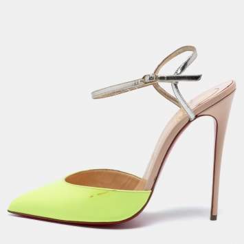 Pre Owned Christian Louboutin Neon Yellow/Silver Patent and Leather Riverina Ankle-Strap Sandals Size 41