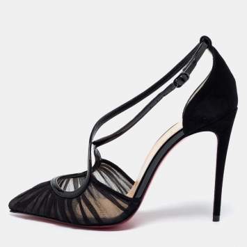 Pre Owned Christian Louboutin Black Fabric And Patent Leather Twistissima Pointed Toe Ankle Strap Sandals Size 36