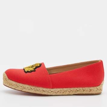 Pre Owned Christian Louboutin Red Gala Embroidered Crest Espadrille Loafers Size 36