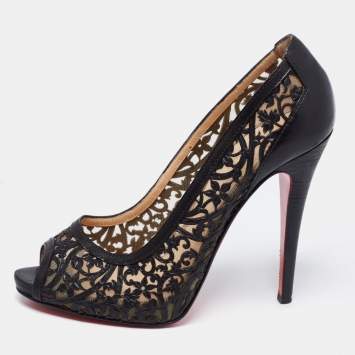 Pre Owned Christian Louboutin Black Laser Cut Leather and Mesh Pampas Peep -Toe Pumps Size 38