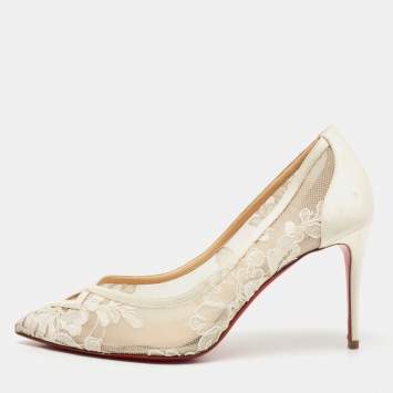 Pre Owned Christian Louboutin White Satin And Lace Neoalto Pointed Toe Pumps Size 38