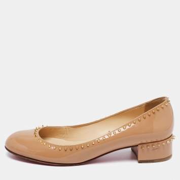 Pre Owned Christian Louboutin Beige Patent Leather Treliliane Spike Pumps Size 38