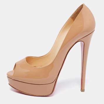 Pre Owned Christian Louboutin Beige Patent Leather Lady Peep Toe Pumps Size 37