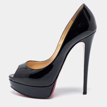 Pre Owned Christian Louboutin Black Patent Leather Lady Peep Platform Pumps Size 38.5
