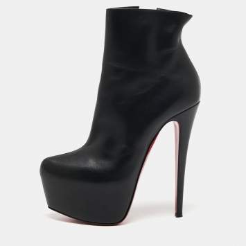 Pre Owned Christian Louboutin Black Leather Daffodile Platform Ankle Boots Size 38.5