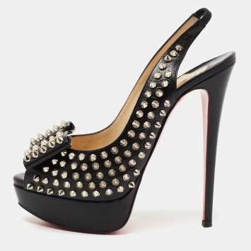 Pre Owned Christian Louboutin Black Leather  Clou Noeud Studded Slingback Sandals Size 39