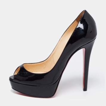 Pre Owned Christian Louboutin Black Patent Leather Lady Peep Platform Pumps Size 37