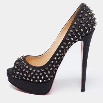 Pre Owned Christian Louboutin Dark Grey Denim Lady Peep Spikes Platform Pumps Size 38 